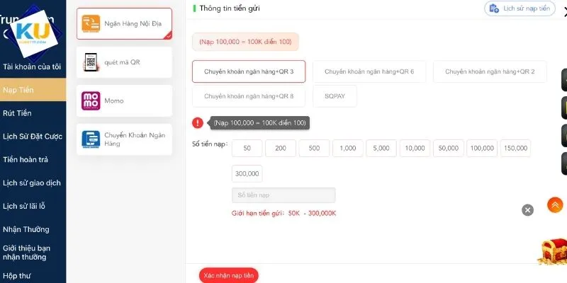 Thao tác nạp tiền KUBET qua 2 phương thức